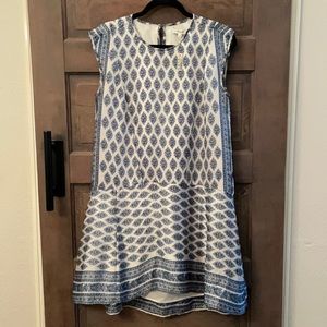 NEW with tag- Madewell dress- blue, cream & grey French print Sz Small 100% silk